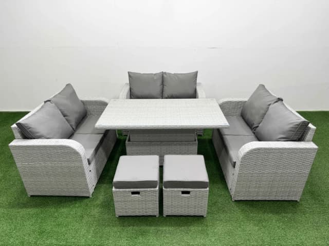 Fimous 8 Seater PE Wicker Rattan Furniture Sofa Sets with Adjustable Lifting Dining or Coffee Table 2 Seater Love Sofa 2 Stool Light Grey Light Grey
