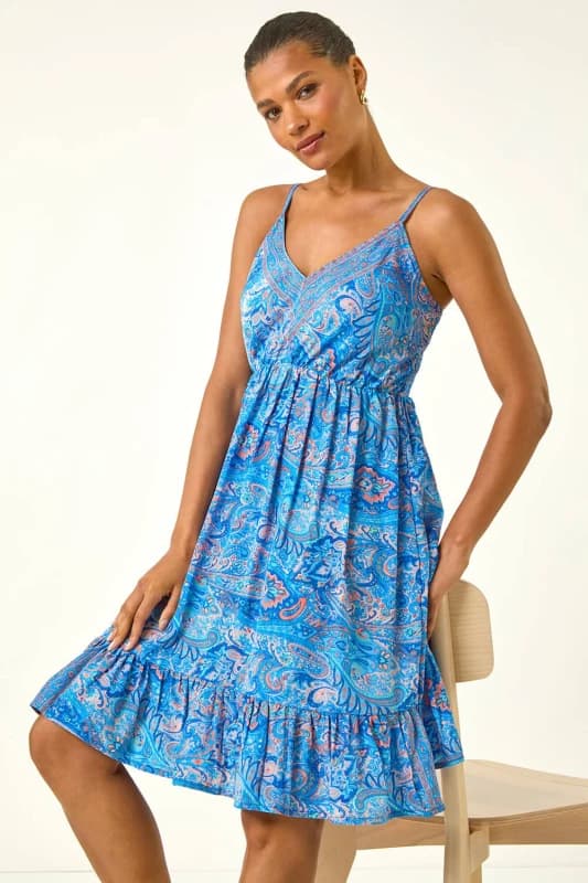 Roman Womens Paisley Print Strap Frill Dress in Blue Size: 18 Blue Female 18