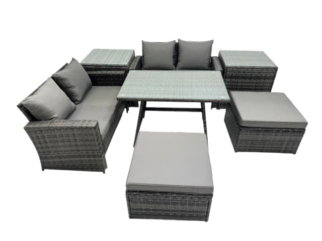 Fimous 6 Seater Outdoor Table Double Seat Sofa 2 Big Stool 2 Side Table Set in Dark Grey Dark Grey Unisex
