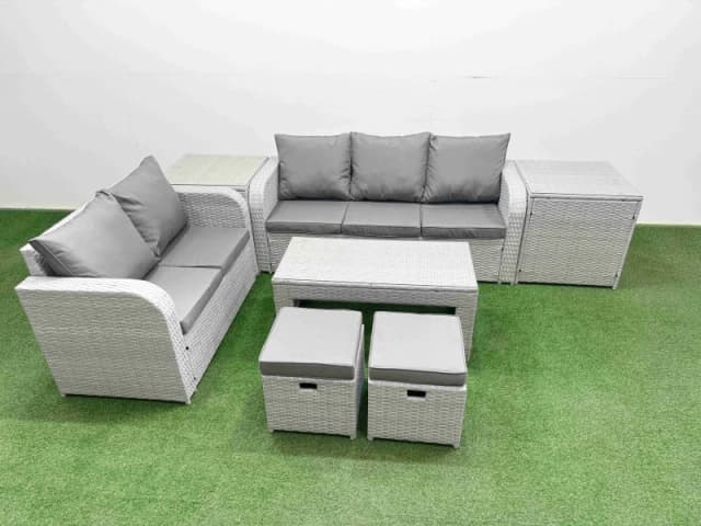 Fimous 7 Seater PE Rattan Wicker Garden Furniture Patio Conservatory Sofa Set with Oblong Coffee Table 3 Seater Sofa Love Sofa 2 Stools 2 Side Table L