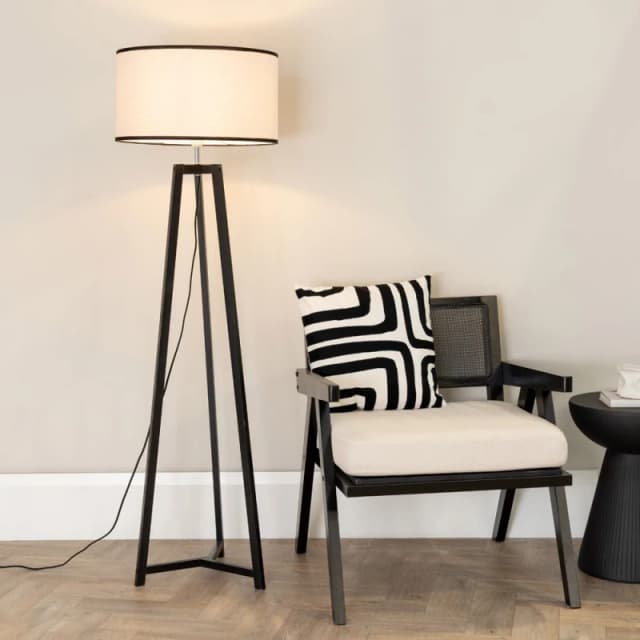 ValueLights ValueLights Lottie Black Wood Tripod Floor Lamp with Linen Black Trim Drum Shade & LED Bulb Black One Size Unisex 5059406058165