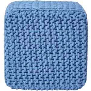 Blue Cube Cotton Knitted Pouffe Footstool - Blue - Homescapes