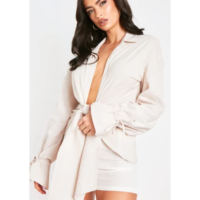 Missy Empire Linen Tie Front Shirt - Beige Beige 10