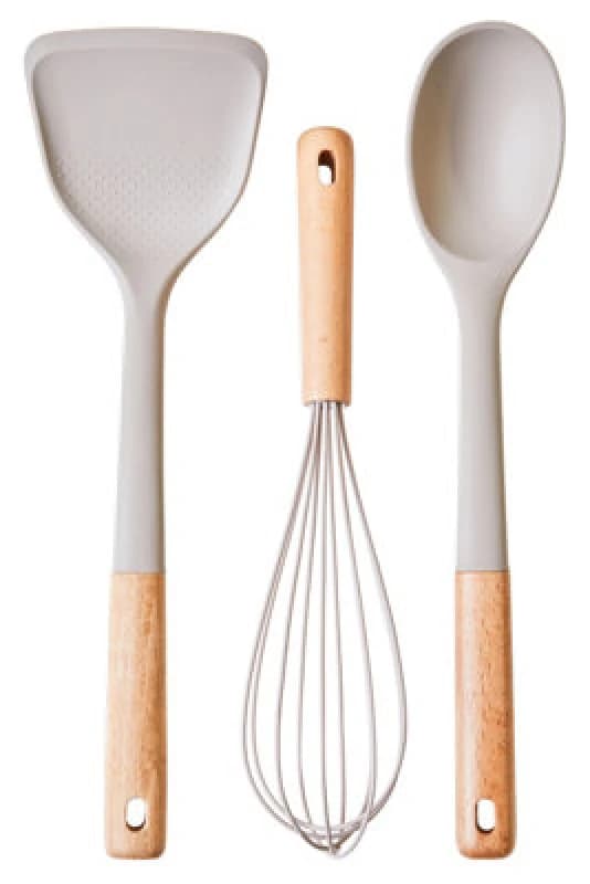 Premier Housewares Interiors By Premier Tone Grey Silicone Head 3Pc Kitchen Tool Set,heat Proof Spoon, Whisk & Turner,culinary Kit With Wooden Grips