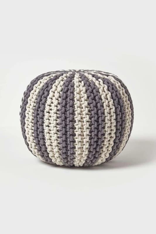 Homescapes Knitted Pouffe Striped Footstool 35 x 40cm Grey