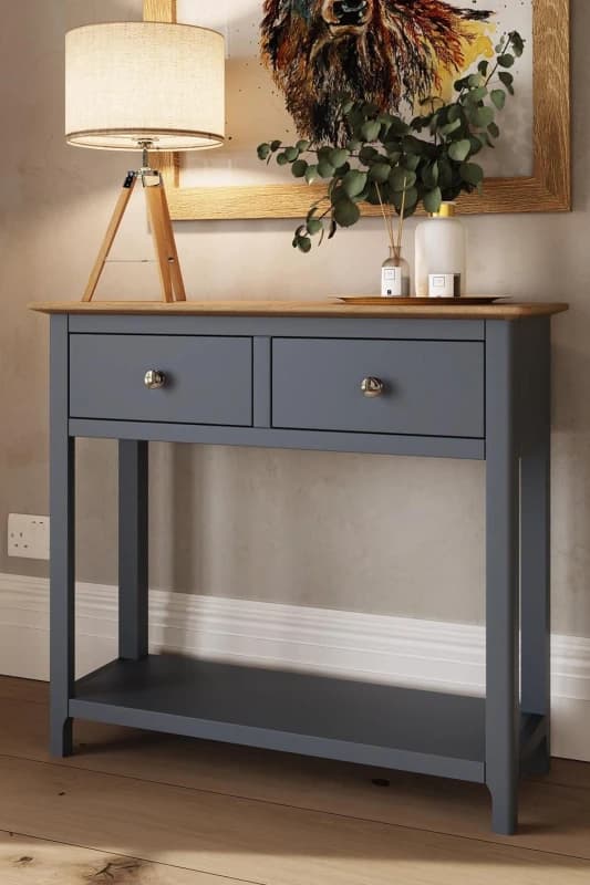 FWStyle Solid Oak 2 Drawer Console Table Graphite Blue Large Oak Top Painted Finish Blue