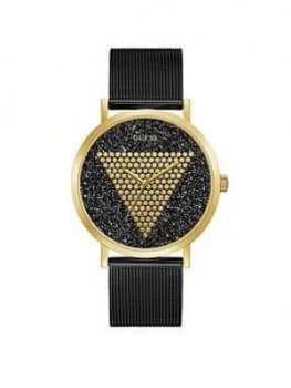 Guess Guess Imprint Gold And Black Glitz Logo Mens Mesh Strap Watch