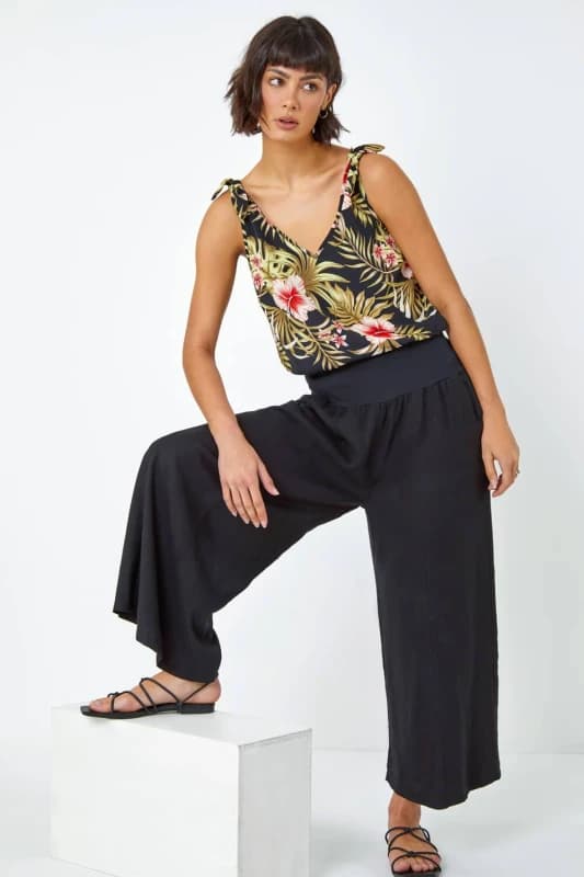 Roman Womens Linen Blend Stretch Waist Culottes in Black Size: Large Black Female L