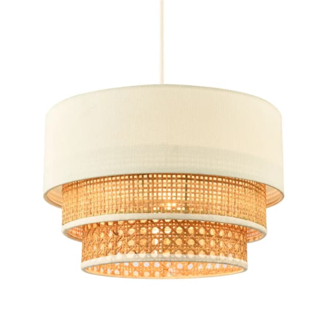 Happy Homewares Contemporary Triple Tier Cream Linen & Natural Rattan Pendant Shade in Brown Brown Unisex
