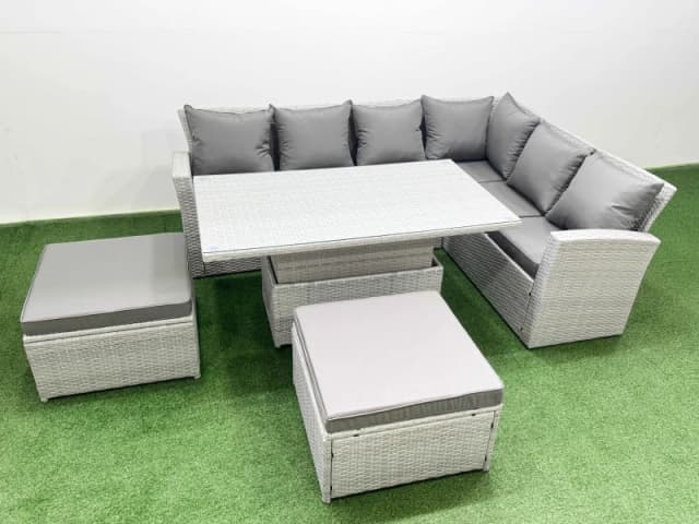 Fimous 8 Seat Rattan Garden Furniture Corner Sofa Set with Armchair 2 Stools in Light Grey Light Grey Unisex