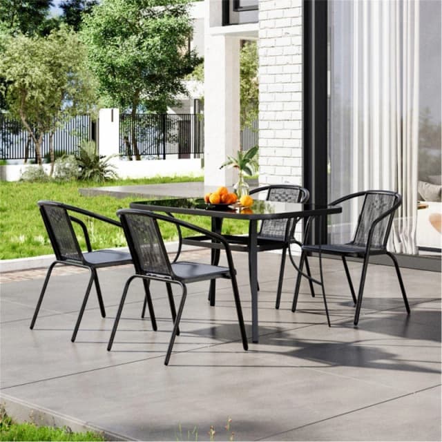Breeins Rectangle Metallic Table with 4 Rattan Chairs - Black L
