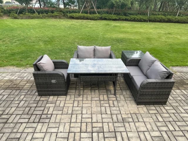 Fimous Lounge Rattan Sofa Set Outdoor Garden Furniture Oblong Rectangular Dining Table With Chairs Side Table Dark Grey Mixed Dark Grey Unisex