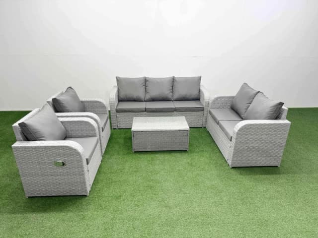 Fimous PE Rattan Garden Furniture Set Adjustable Chair Sofa Double Love Seat 2 Seater Sofa Lounge Set Oblong Coffee Table Light Grey Light Grey