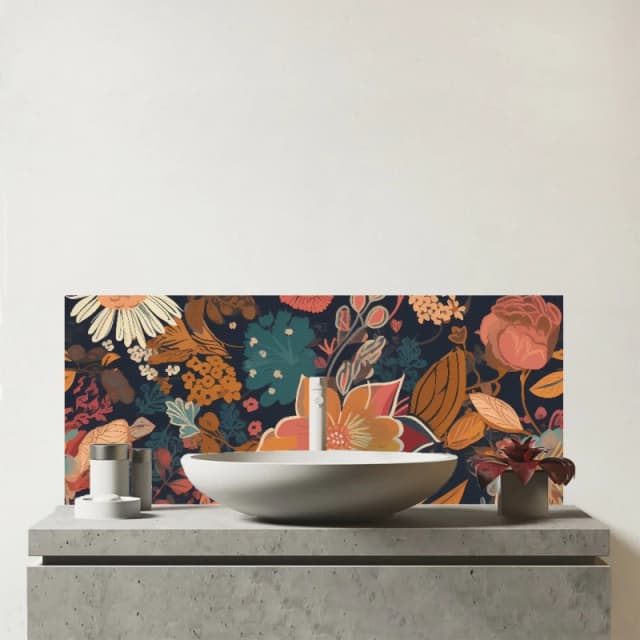 Warren Reed - Designer Boho Chic Flower Glass Bathroom Splashback in Orange Orange Unisex