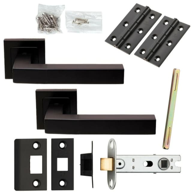 Loops Door Handle & Latch Pack Matt Black Cube Straight Lever Screwless Square Rose Black