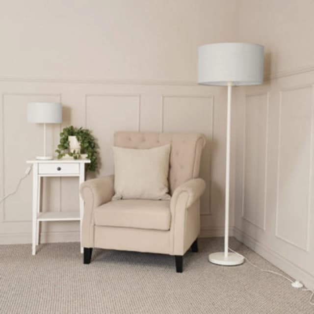 ValueLights Charlie White Metal Single Stem Table Lamp with Fabric Drum Lamp Shade Grey