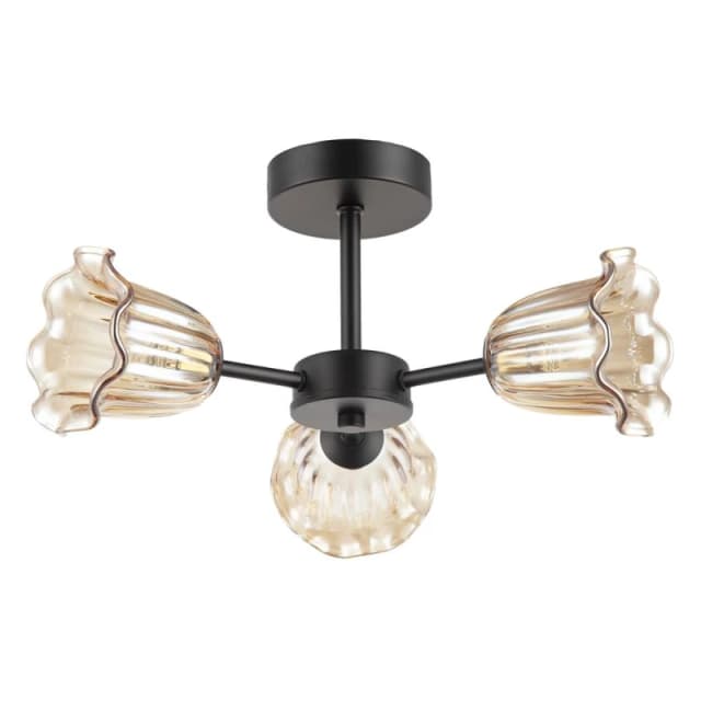 Happy Homewares Designer Matte Black Ceiling Light with Amber Floral Glass Shades Black Unisex