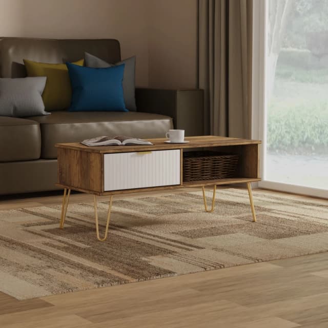 Linear Ready Assembled Matt White Dark Oak Effect 1 Drawer Small Coffee Table (H)455mm (W)905mm (D)395mm