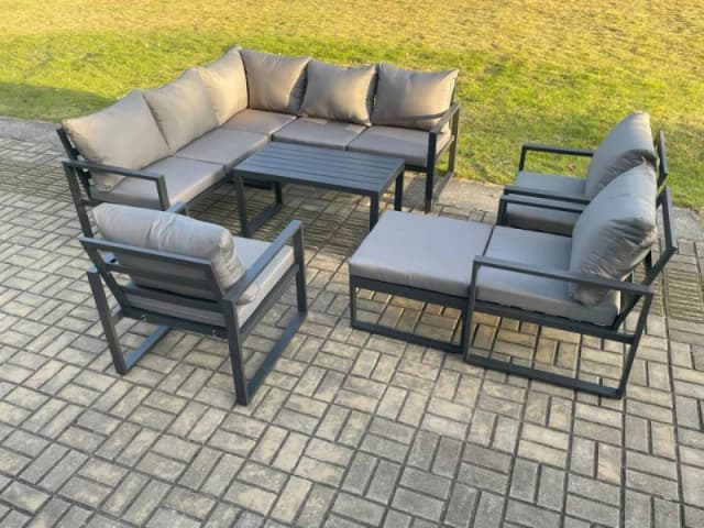 Fimous 9 Seater Aluminium Outdoor Garden Furniture Set Patio Lounge Sofa with Oblong Coffee Table Chair Big Footstool Dark Grey Dark Grey Unisex