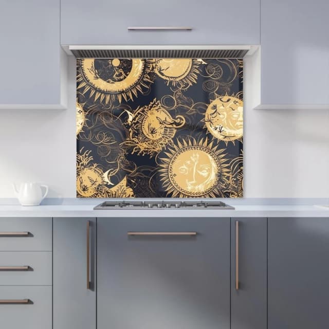 Warren Reed - Designer Moon & Sun Gold Blue Kitchen Splashback in Yellow Size: 600mm x 750mm Yellow Unisex 600mm x 750mm