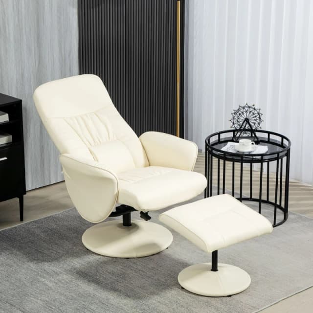 HOMCOM 2 Pcs Reclining Armchair Ottoman 360° Swivel Home Furniture PU Leather Cream