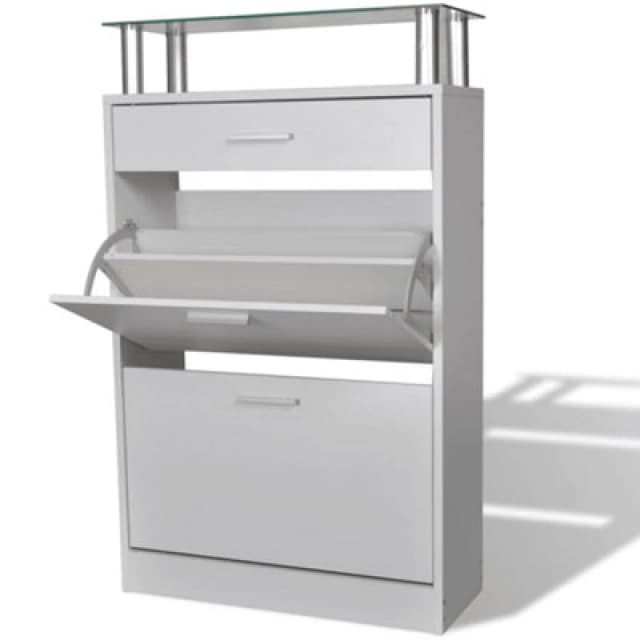 Vidaxl Shoe Cabinet With A Drawer And A Top Glass Shelf Wood White