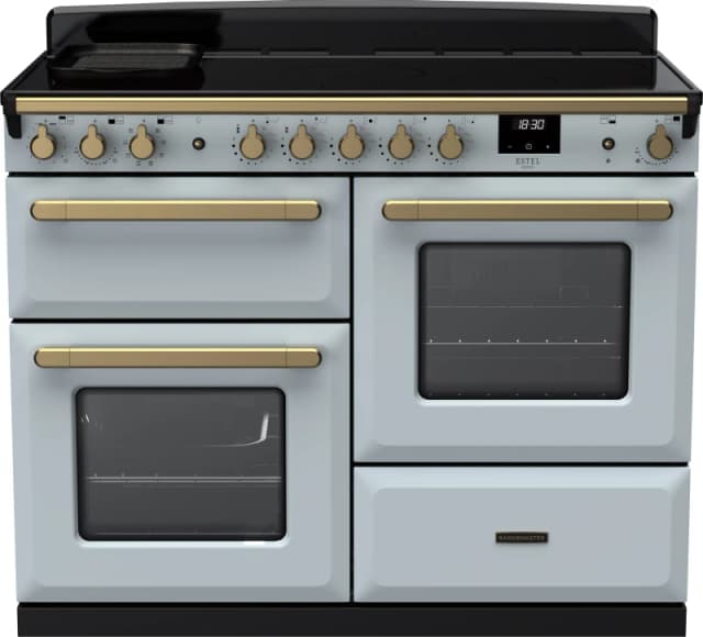 Rangemaster Estel Deluxe ESDLO110EIPMSB/AB1 110cm wide Electric Range Cooker with Induction Hob - Misty Blue / Antique Brass - A Rated