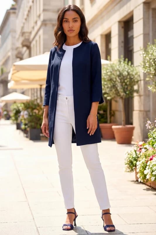 Roman 3/4 Sleeve Textured Longline Smart Jacket Navy