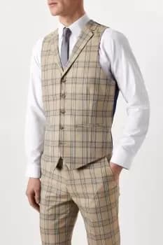 Mens Slim Neutral Highlight Check Suit Waistcoat