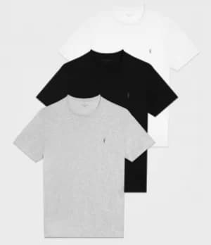 AllSaints Mens Slim Fit Cotton Pack of 3 Short Sleeve Tonic Crew T-Shirts, White, Black and Grey, Size: L