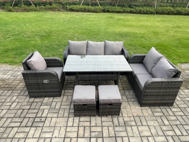 Fimous 8 Seater Rattan Garden Furniture Set with Patio Sofa Rectangular Dining Table 2 Small Footstools Indoor Conservatory Patio Set in Dark Grey Dar