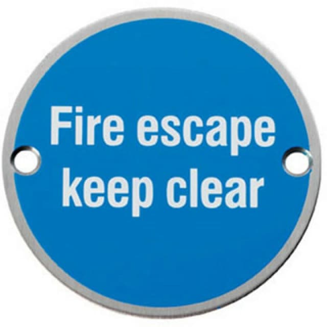 Loops Fire Door Keep Clear Sign 64mm Fixing Centres 76mm Dia Satin Steel Metallics