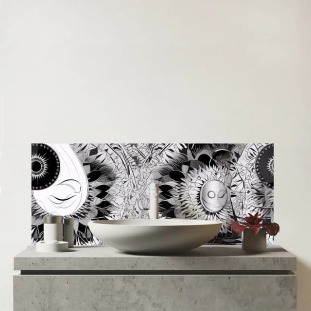 Warren Reed - Designer Abstract Moon & Sun Glass Bathroom Splashback in Grey Grey Unisex