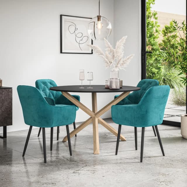 More4Homes Malvern Round Dining Table And Chairs - Black Table Top W Solid Oak Legs + Anika Velvet Dining Chair Set Of 4 (Blue)