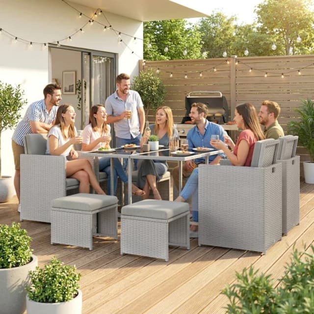 OUTSUNNY 8 Seater Cube Rattan Garden Dining Set with Cushions, Light Grey Light Grey Unisex