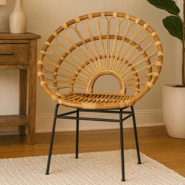 Orsina Brown Natural Rattan Sunflower Back Chair With Black Metal Legs, Hand Woven Rattan Dining Chair