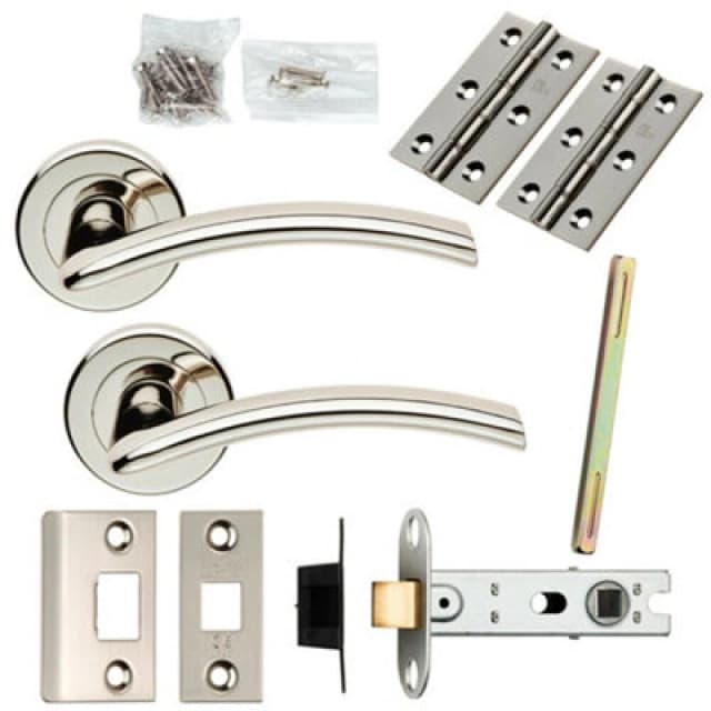 Loops Door Handle & Latch Pack Polished Nickel Arched Lever Screwless Round Rose Metallics