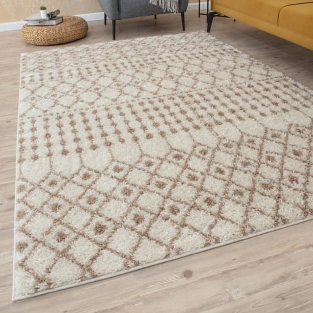THE RUGS Soft Moroccan Diamond Shaggy Rugs & Runners Ivory Beige Living Room Size: 120cm x 170cm Ivory Unisex 120cm x 170 cm