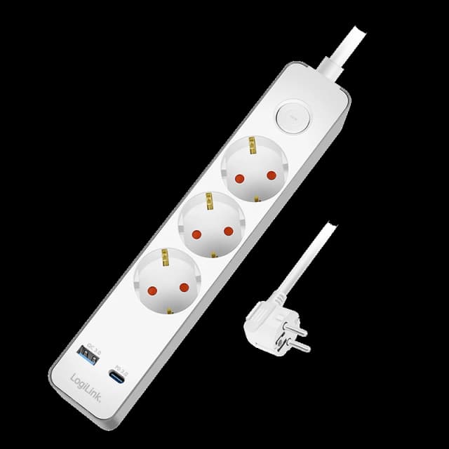 LogiLink Outlet Strip. 3 safety sockets. w/ 1x USB-A. 1x USB-C. 20W PD