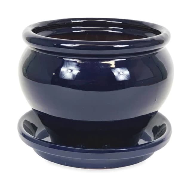 Verano Spanish Ceramics Dipped Blue Hand Painted Outdoor Garden Bola Plant Pot & Drainage Plate (D) 25cm Blue Unisex