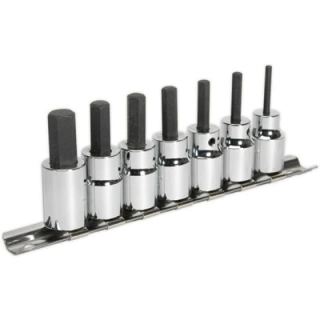 Loops 7pc Hex Socket Bit Set 3/8" Square Drive 3mm to 10mm - 48mm Long Shaft S2 Steel Metallics