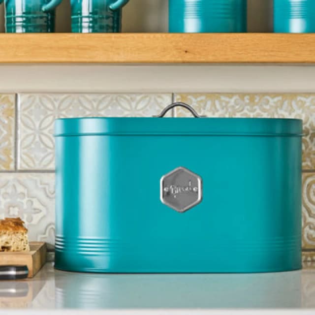 Cooks Professional Bread Bin - Modern Kitchen Countertop Labelled Metal Storage Canister Breathable Container - Teal & Silver