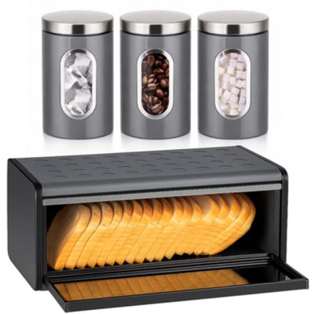 Innoteck Essentials Grey Breadbin And 3Pc Canister Set With Viewing Window