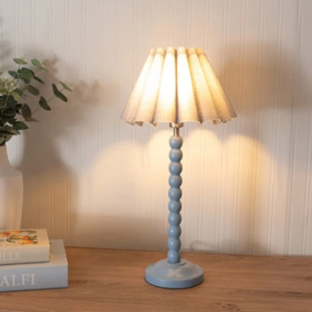 ValueLights Bobbins Powder Blue Table Lamp with Scallop Tapered Lamp Shade Grey