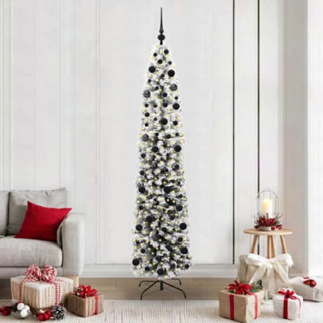 vidaXL Artificial Christmas Tree with 300 LEDs, Black Balls with Stand Snow Flocked Green 210 cm, Green 3395032