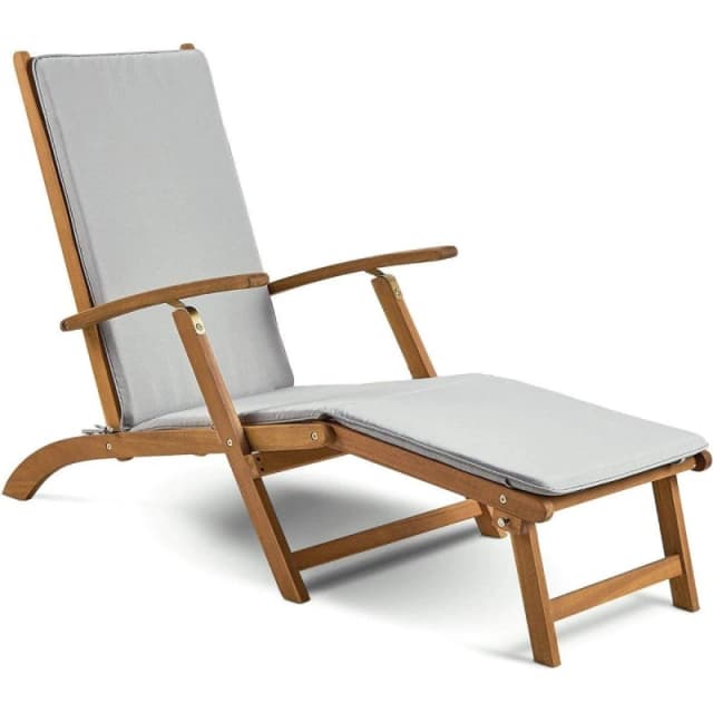 VonHaus Wooden Folding Reclining Garden Sun Lounger and Removable Footstool Natural