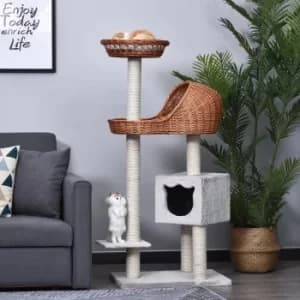 PawHut Cats 4-Tier Sisal Rope Scratching Post w/ Cave White