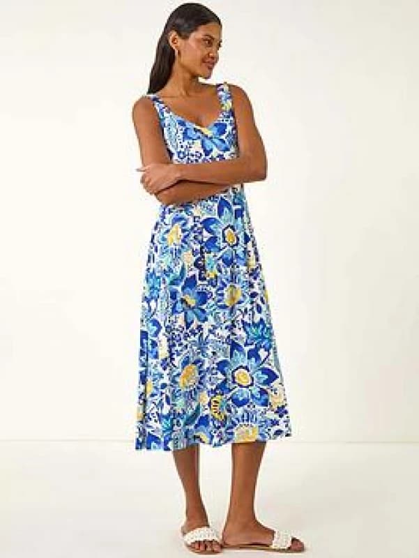 Roman Womens Floral Print Strap Detail Midi Dress in Blue Size: 16 Blue Female 16