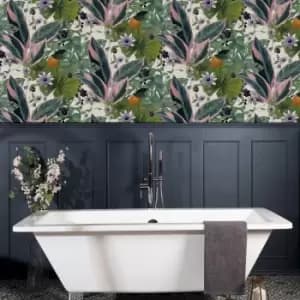 Passion Flower White Wallpaper Green/Pink/White