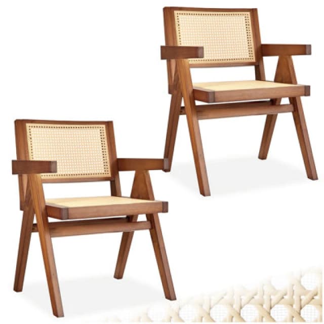 Tectake Set Of 2 Dining Chair Lizzy With Mid-Century Modern Design, Rattan Backrest And Solid Wood Frame - Dark Oak